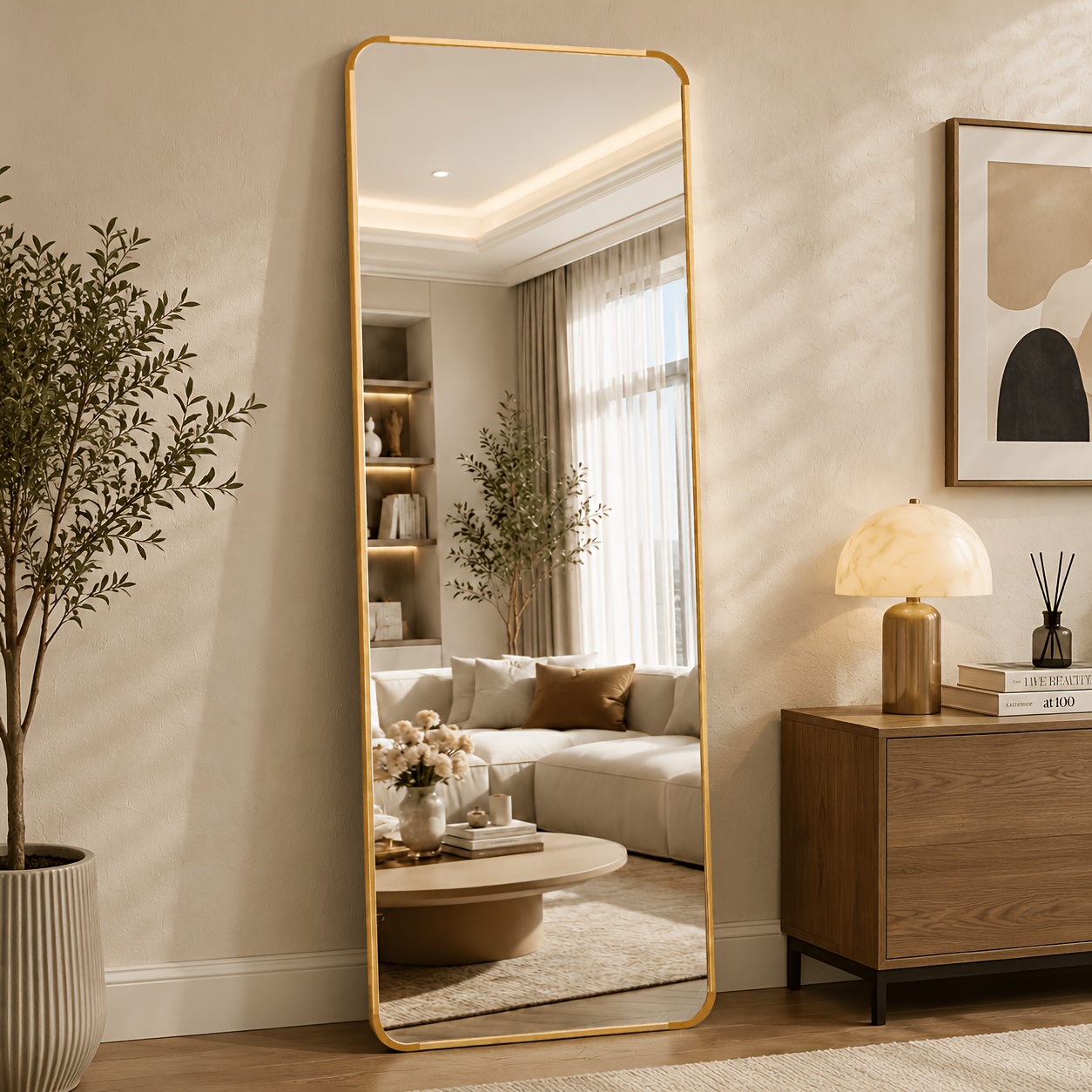 TEMU Espejo rectangular de completa de 44X149Cm, espejo dorado para ; Grosor de vidrio de 4 mm, grosor total de 2 cm; Soporta para colocar en ,