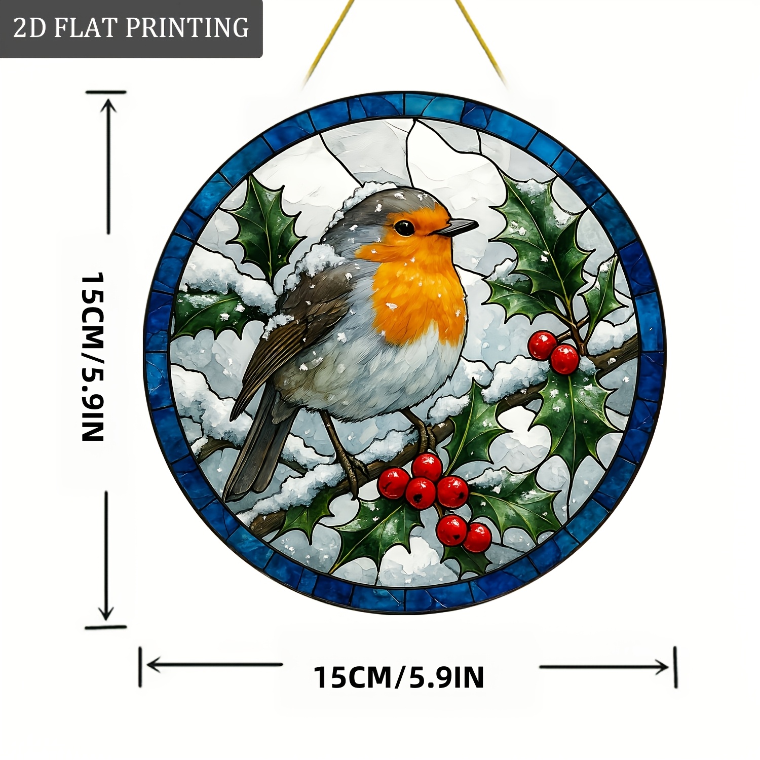 TEMU 2d Flat, 1pc Winter Robin With Holly And Snowflake Suncatcher, Round Acrylic Window Hanging Ornament, Festive And Green Leaf Design, Decor,