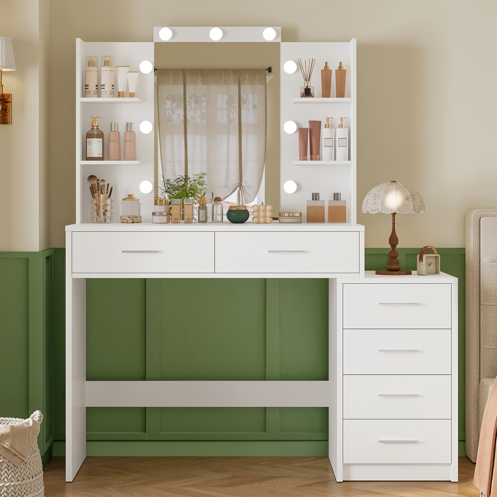Image of Vanity Desk With Mirror & Lights, Makeup Vanity Table With 6 Drawers & 4 Open Storage Shelves, Vanity Desk For Women Girls, White