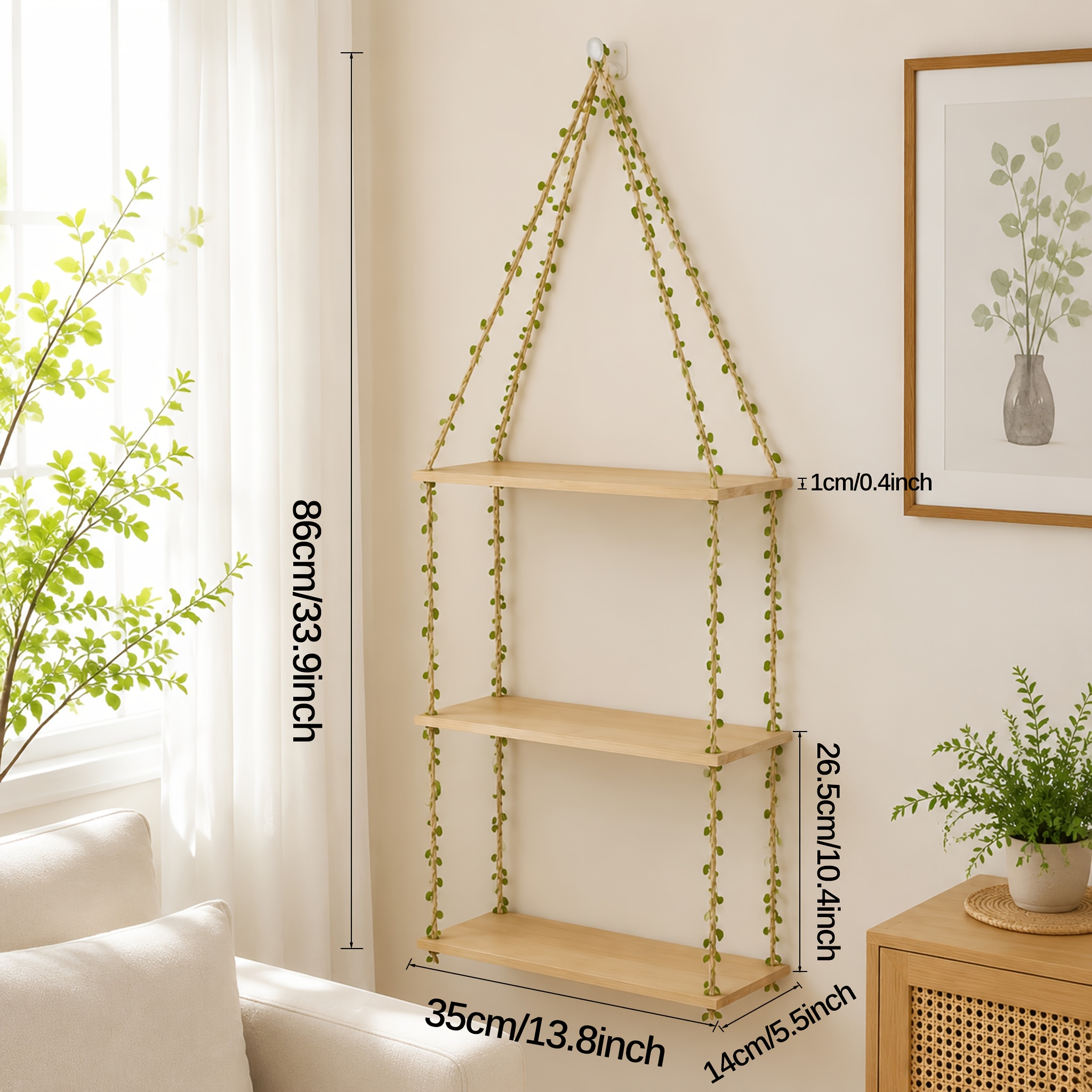 TEMU 1pc Boho Farmhouse Wall-mounted Shelf - 3-tier Wood Floating Shelf With Artificial Ivy Garland Display For Plants, Books, Photos, No Assembly