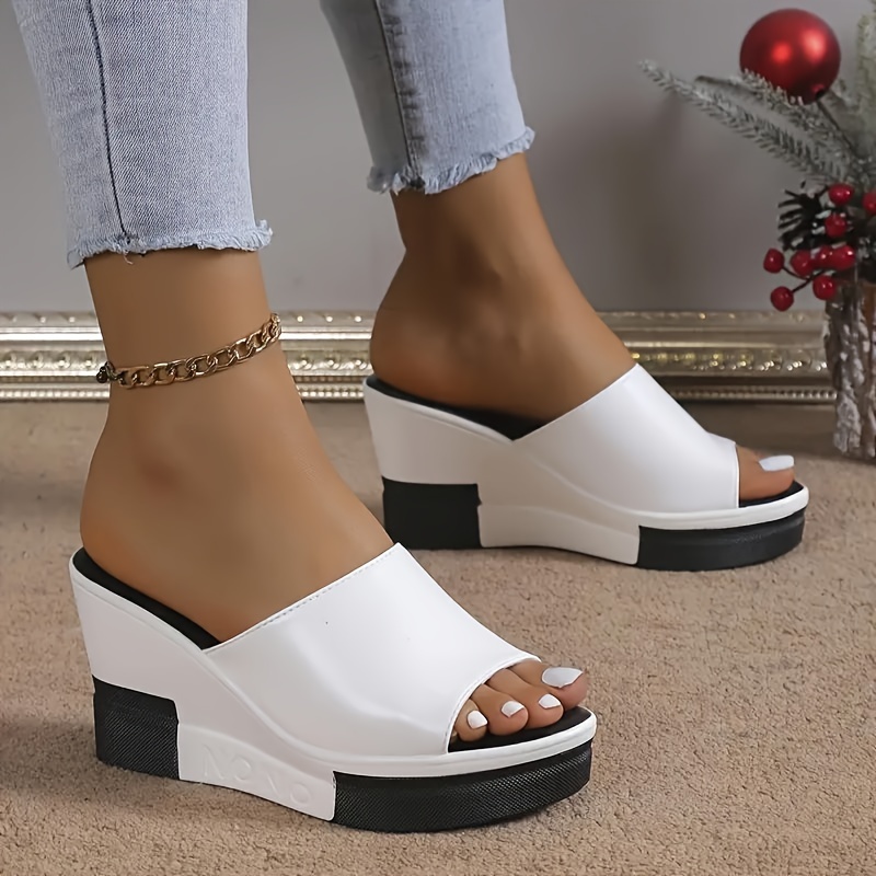 

Women's Summer Fashion Wedge Sandals, Contrast Color Peep Toe Slip On Shoes, Outdoor Platform Summer Slide Sandals