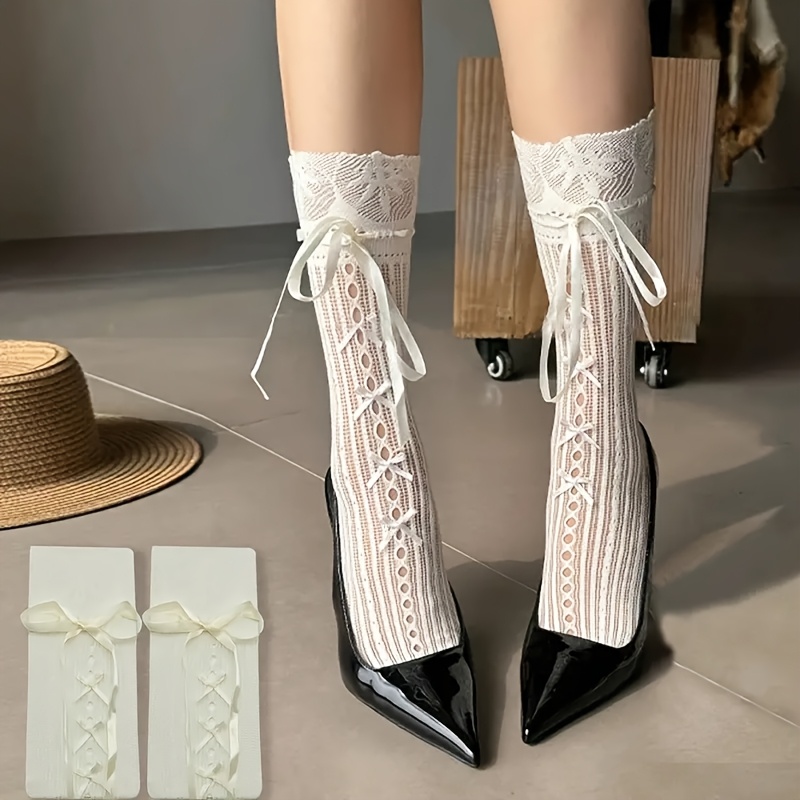 E-shop 1 Paar elegante Damen-Söckchen mit Spitzenbesatz Schleifendetail – atmungsaktiv , geeignet für Frühling/Sommer, -Mischung, süße Söckchen