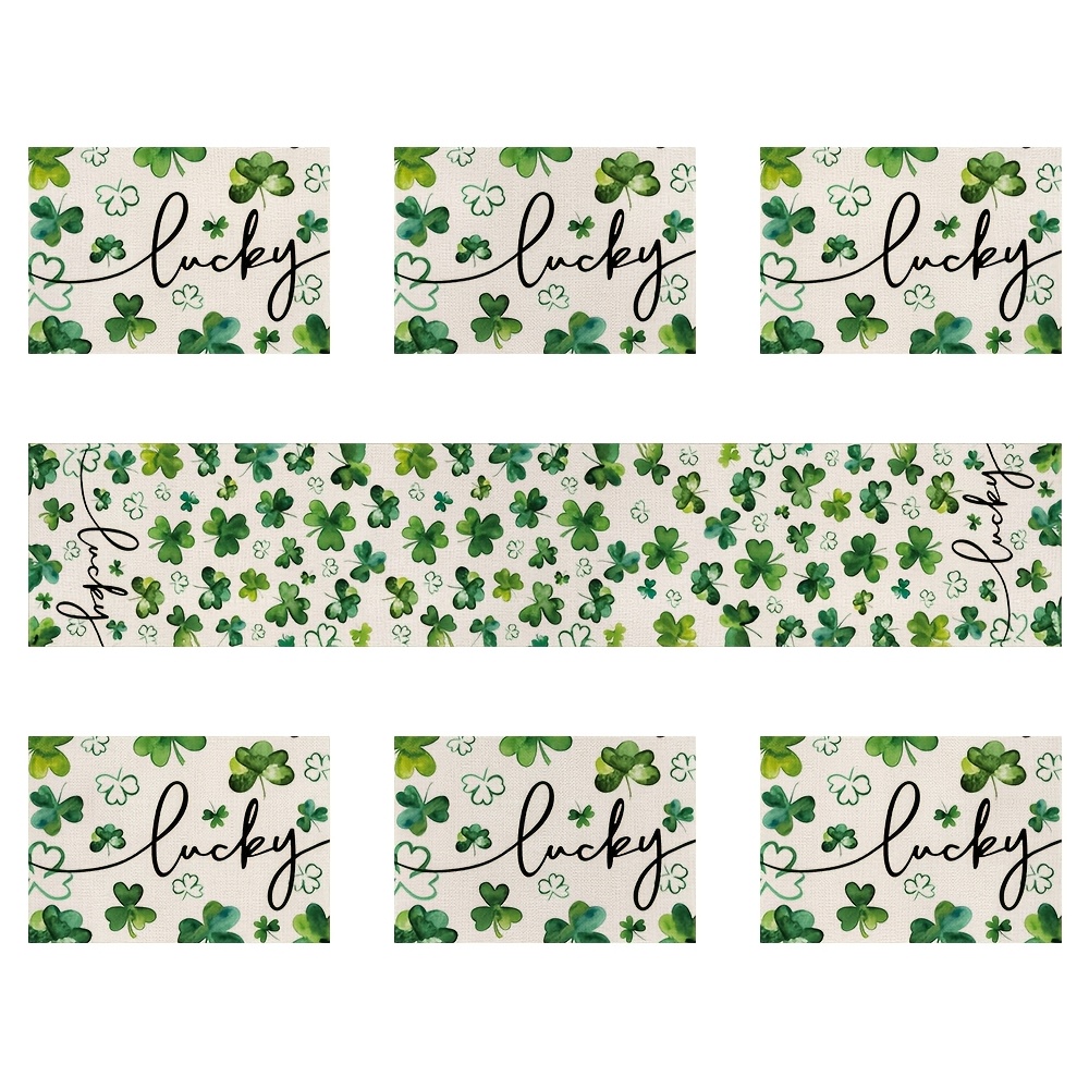 

7pcs St Patricks Day Table Runner With 6 Placemats St Patricks Day Decoraions Green Shamrock Seasonal Spring Decorations For Indoor Outdoor Dining Table