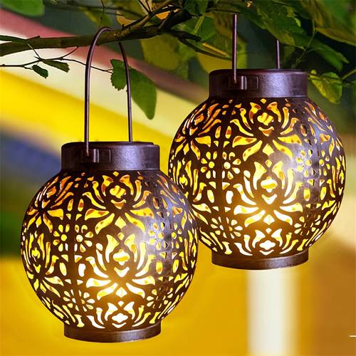 a set of 2 iron outdoor solar decorative art pendant lights for garden and lawn decoration