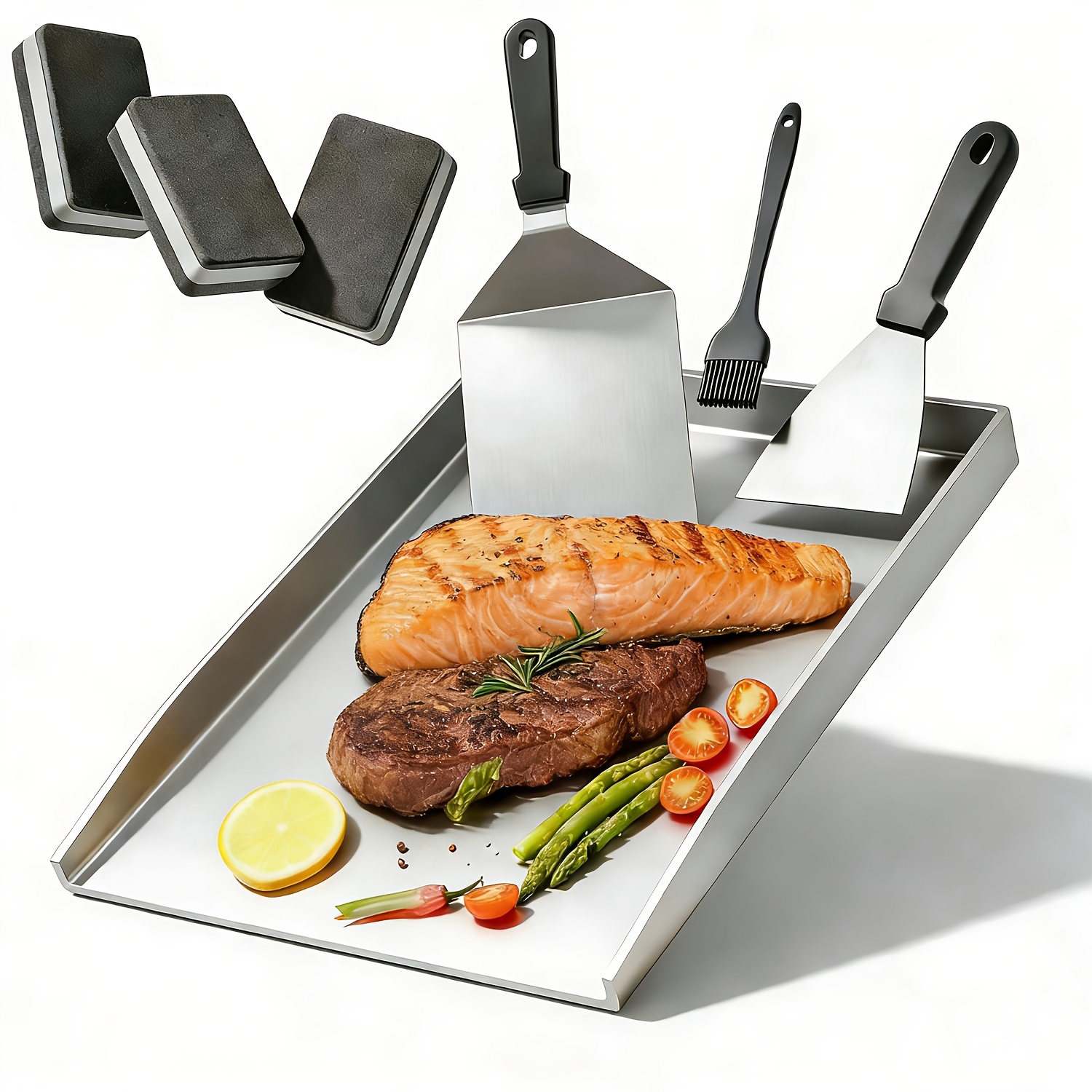 Image of 40x30cm Stainless Steel Grill Pan, Universal Frying Pan, With Grill Spatula, Oil Brush, Sponge Wipe, Barbecue Set, Suitable For Charcoal Grills And Most Gas Grills