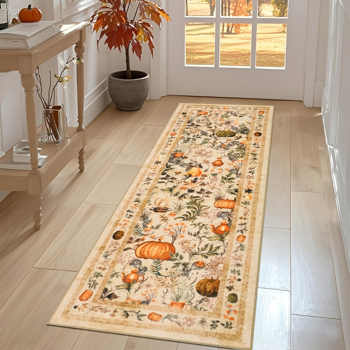 TEMU 1pc Beige Autumn/winter Pumpkin Print Long Strip Mat, Easy To Clean, Foldable Indoor Printed Mat, Soft And Durable Machine-washable Mat Suitable