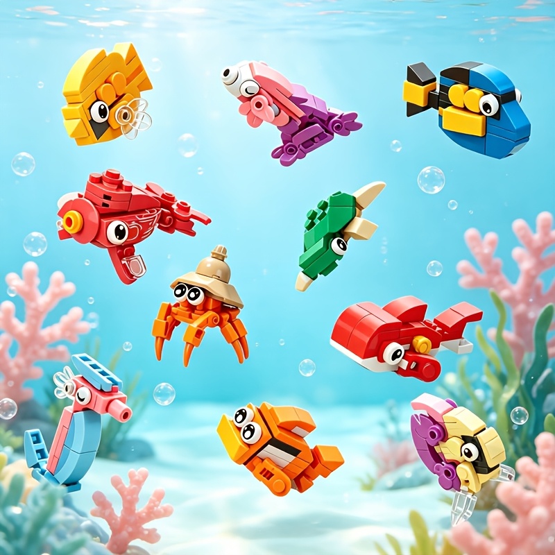 TEMU 10 piezas de bloques de construcción de mini animales marinos, juego de juguetes de enclavamiento DIY para niños, con guppy, ermitaño, , , koi,