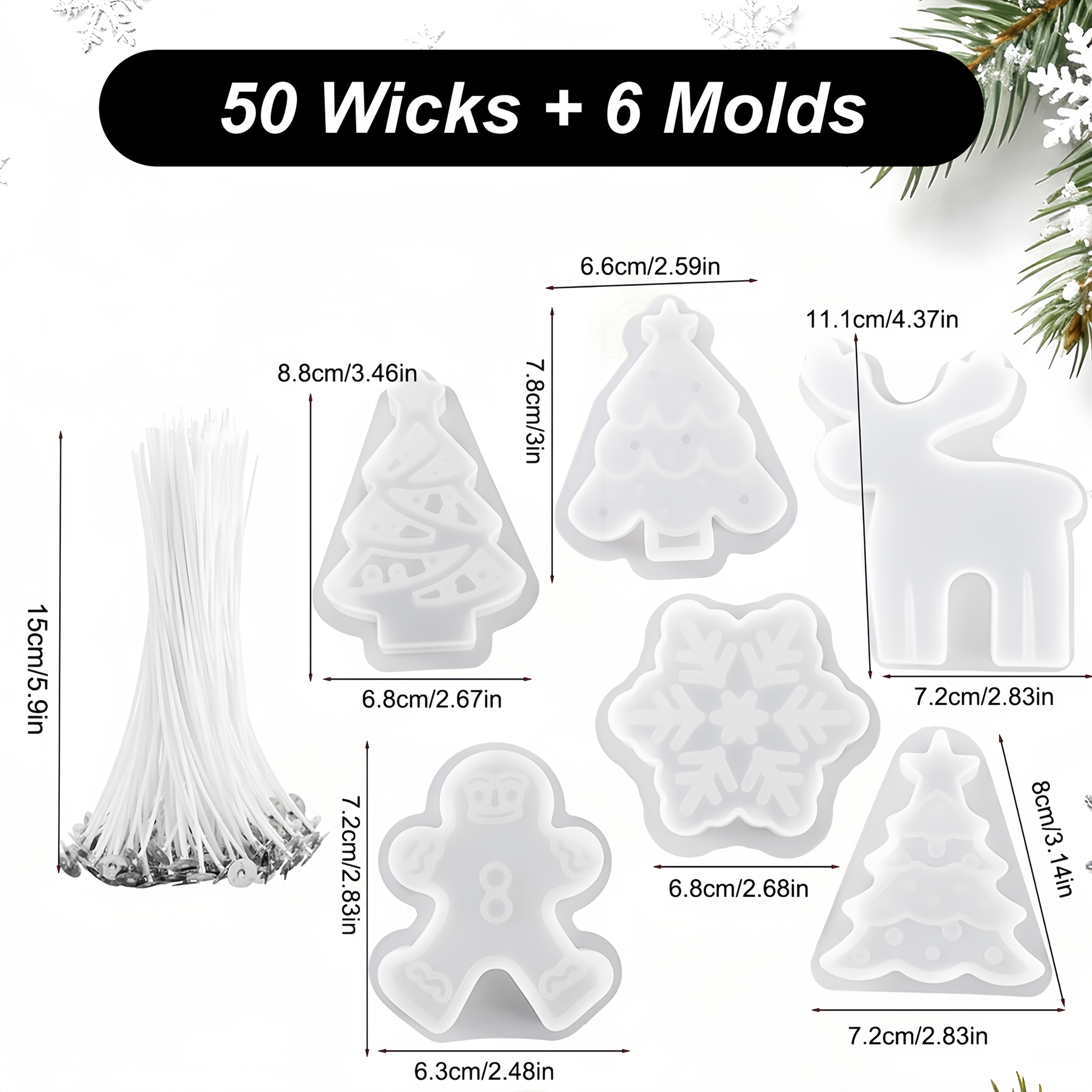 TEMU 56pcs Christmas Candle Mold Set, Including 6pcs Christmas Molds And 50pcs Candle Cores, Suitable For Craft Enthusiasts, Christmas Scented