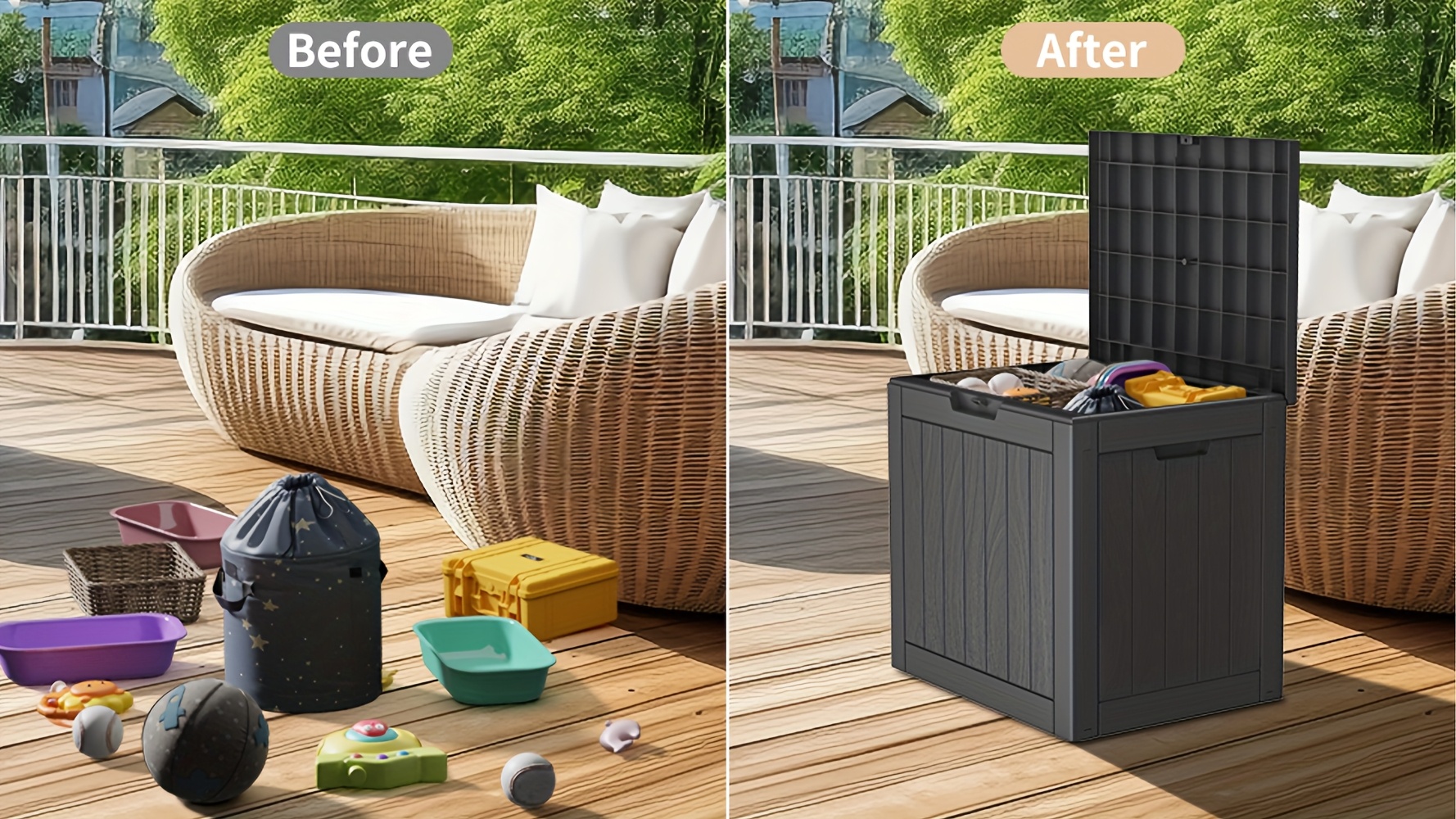 35 gallon large weather resin deck box weatherproof uv resistant storage box   indoor and outdoor storage with lockable lid suitable for patio furniture garden tools   gift for halloween christmas thanksgiving box Product details 1