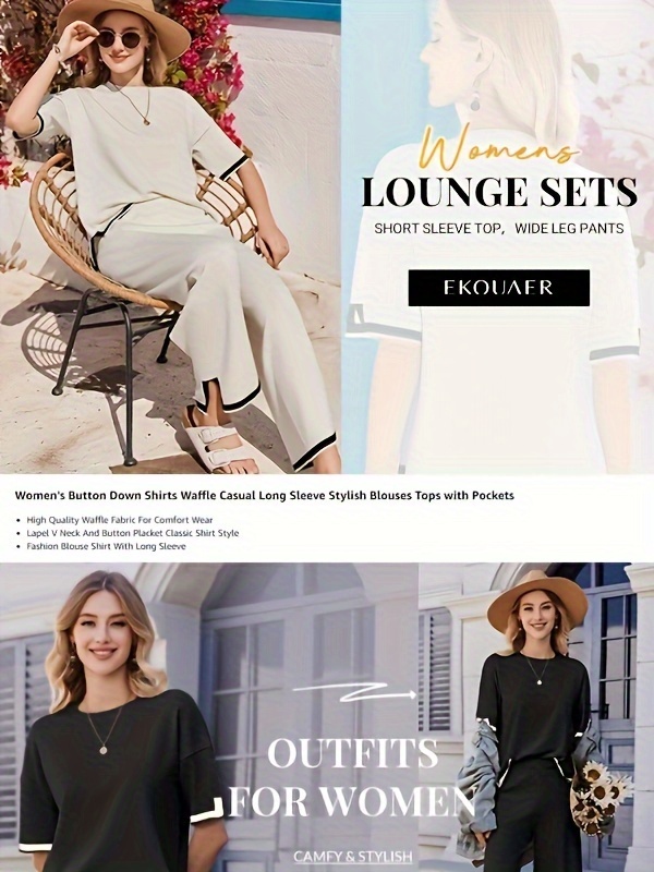lounge sets for women 2 piece outfits knit short sleeve pullover   wide leg pants casual sweater sets tracksuits Product details 2