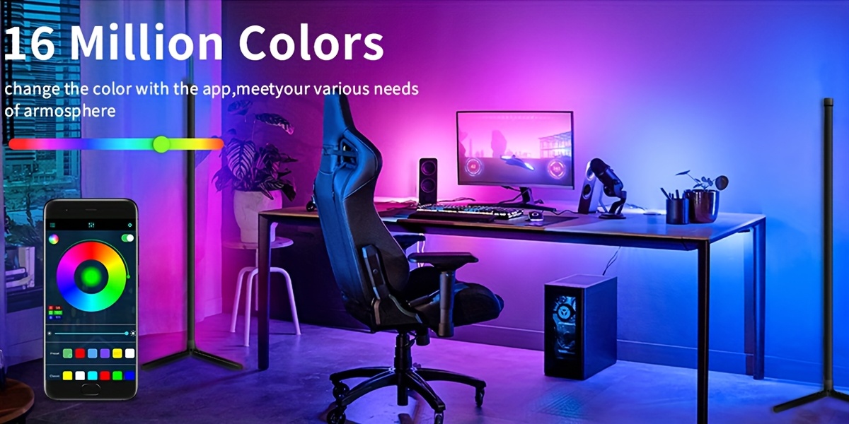 Smart RGB+White LED Floor Lamp with Music Sync, App control Modern Adjustable Gooseneck Corner Light for Gaming Room, Living Room, Party, RGB Color Changing Mood (/Metal)