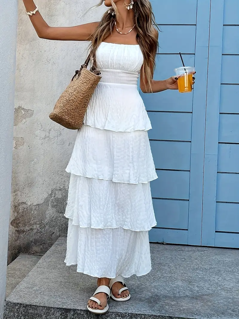 womens solid color wide strap simple casual pleated dress - Temu Oman womens solid color wide strap simple casual pleated dress - Temu Oman