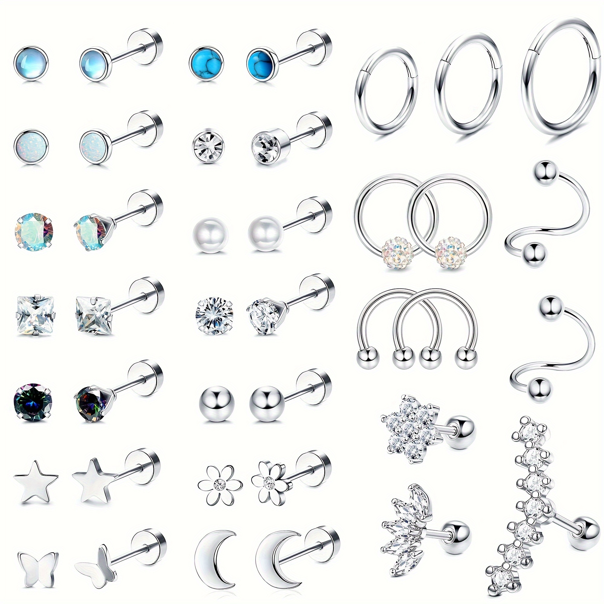 

40pcs Surgical Steel Stud Earrings Set For Women Men Cz Opal Stud Hoop Earrings Conch Daith Earrings Piercing 20g Screw Flat Back Earrings Jewelry