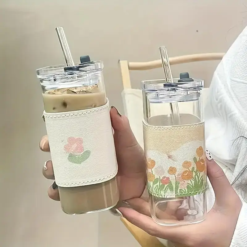 2pcs square glass mug with lid, portable drinking mug, mug, glass lid/straw, gift for mug collectors, father s day mug, great for office, home, school and outdoor use!, best for christmas Product details 0