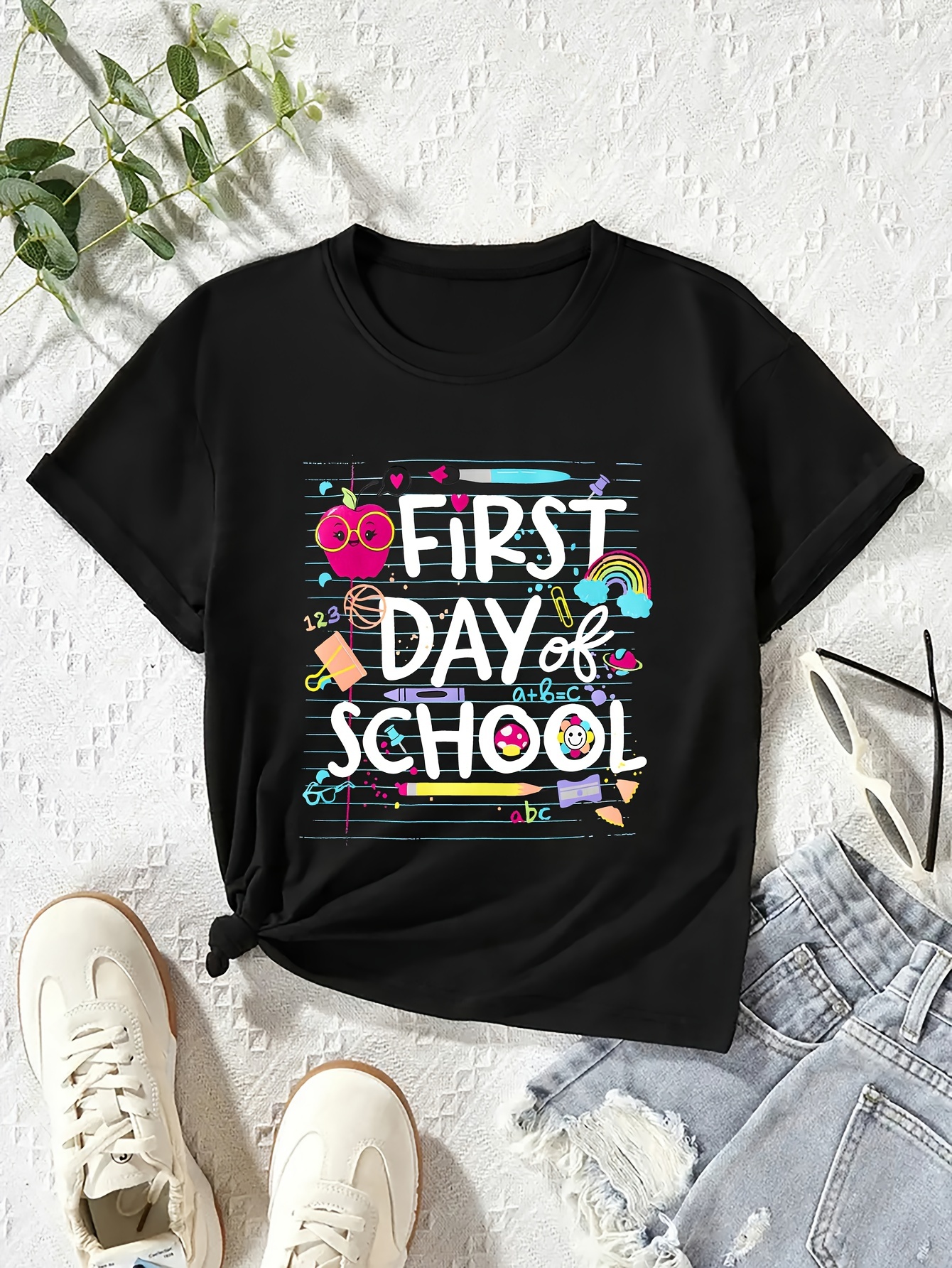 first day of school print girls creative t shirt soft elastic comfy crew neck short sleeve tee girls summer top details 5