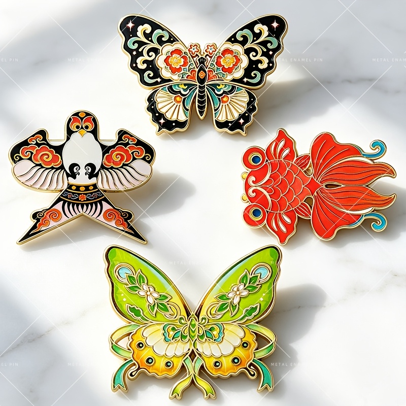 Temu – TEMU Solevdo 4pcs Chinese Enamel Badges Suitable For Jackets & Backpacks – Goldfish, , Swallow Patches With Traditional , Suitable For Jackets,