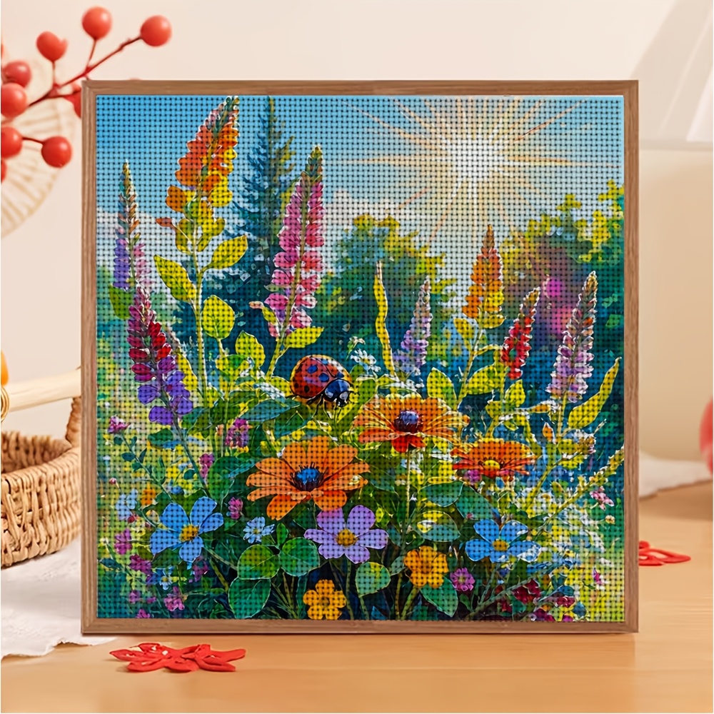 New Frameless Cross-stitch Printed Kit, "Ladybug in a Flower Bush with Sunshine"