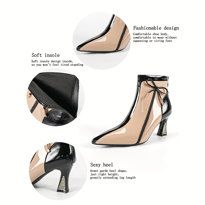 Women's Stylish Color-Block Heeled Ankle Boots | Pointed-Toe Block Heel, Irregular Heel with Bow Accent, Back Zip Retro Vibe | Perfect for Daily & Party Wear.