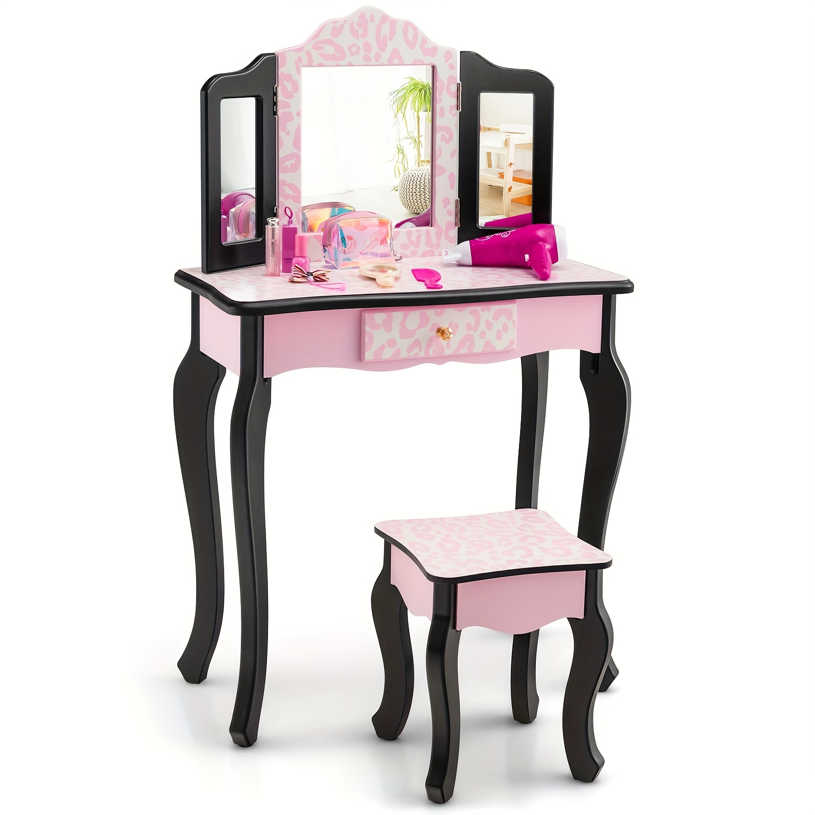 

1 Set Kids Pretend Play Vanity Set, Princess Makeup Dressing Table With Detachable Top, Tri-folding Mirror, Drawer, Stool, 2-in-1 Wooden Writing Desk For Toddlers, Pink