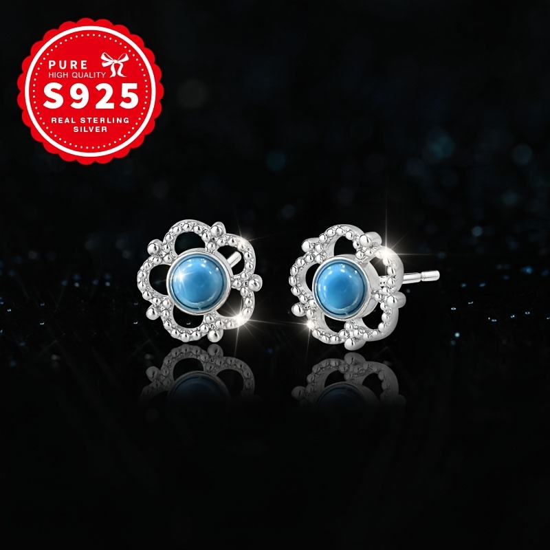 Women's Hollow Blue Pine Flower Stud Earrings, S925 Silver