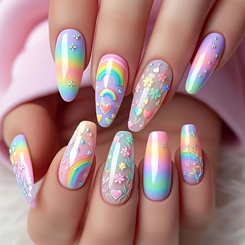 Almond-shaped Rainbow Sweetheart Hand-painted Wearable Nail Detachable 24pcs