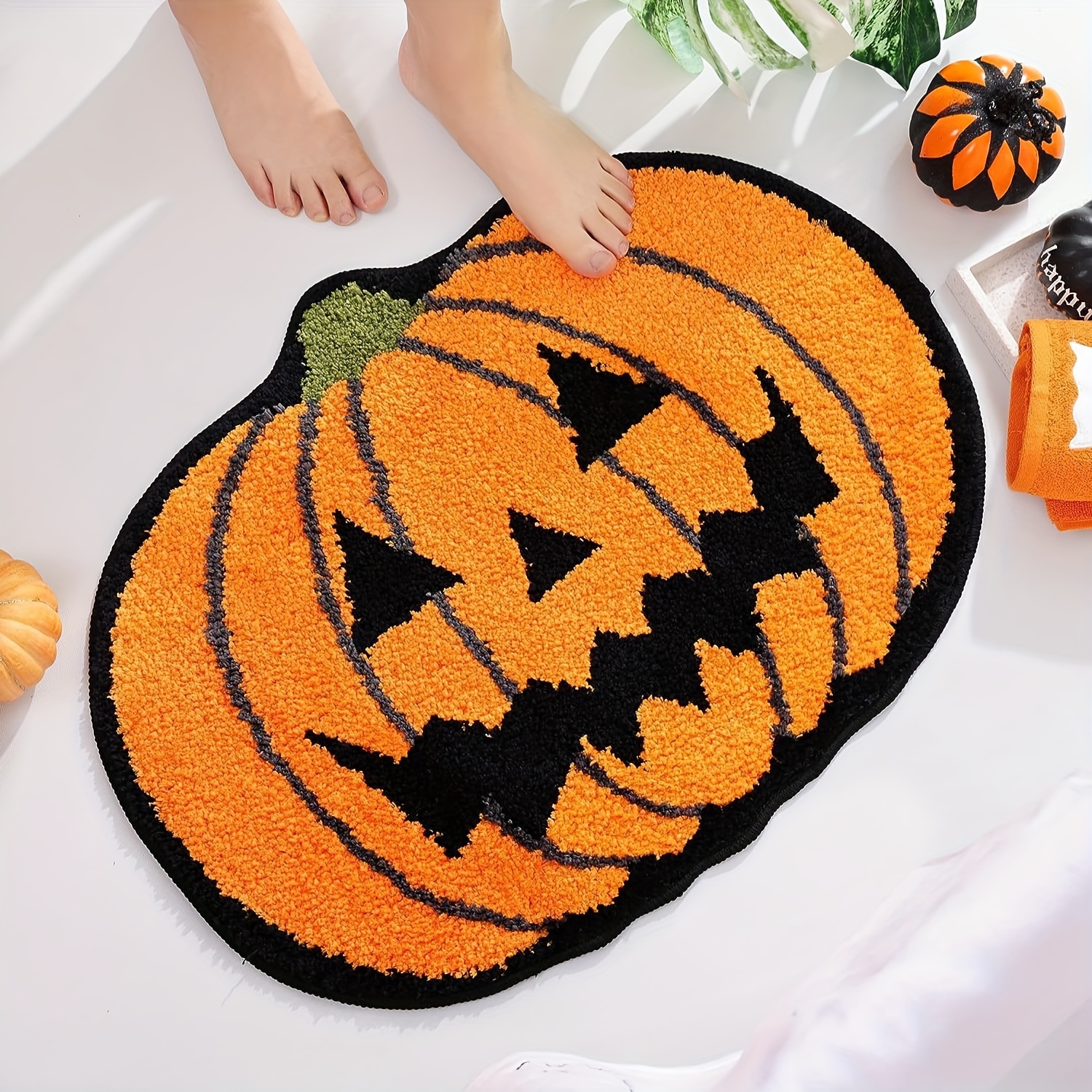 

Halloween Pumpkin Bath Rug - Washable Non-slip Polyester Knit Oval Door Mat, Absorbent Low-profile Entryway Welcome Rug For Home, Kitchen, Bedroom - 1pc