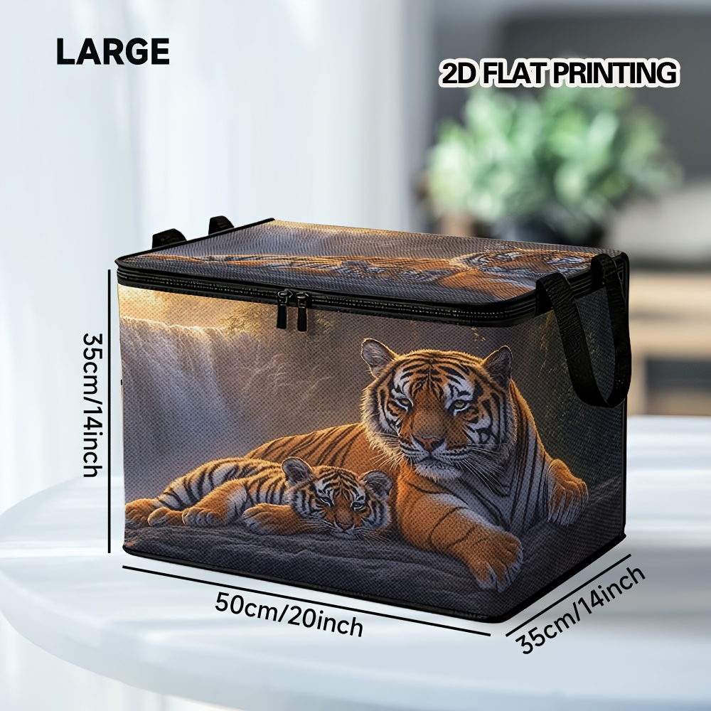 TEMU 1pc Tiger & Waterfall Zippered Laundry Basket With Design - Durable Polyester & Storage Organizer, Handles, Tiger-themed /dorm Hamper For & Room