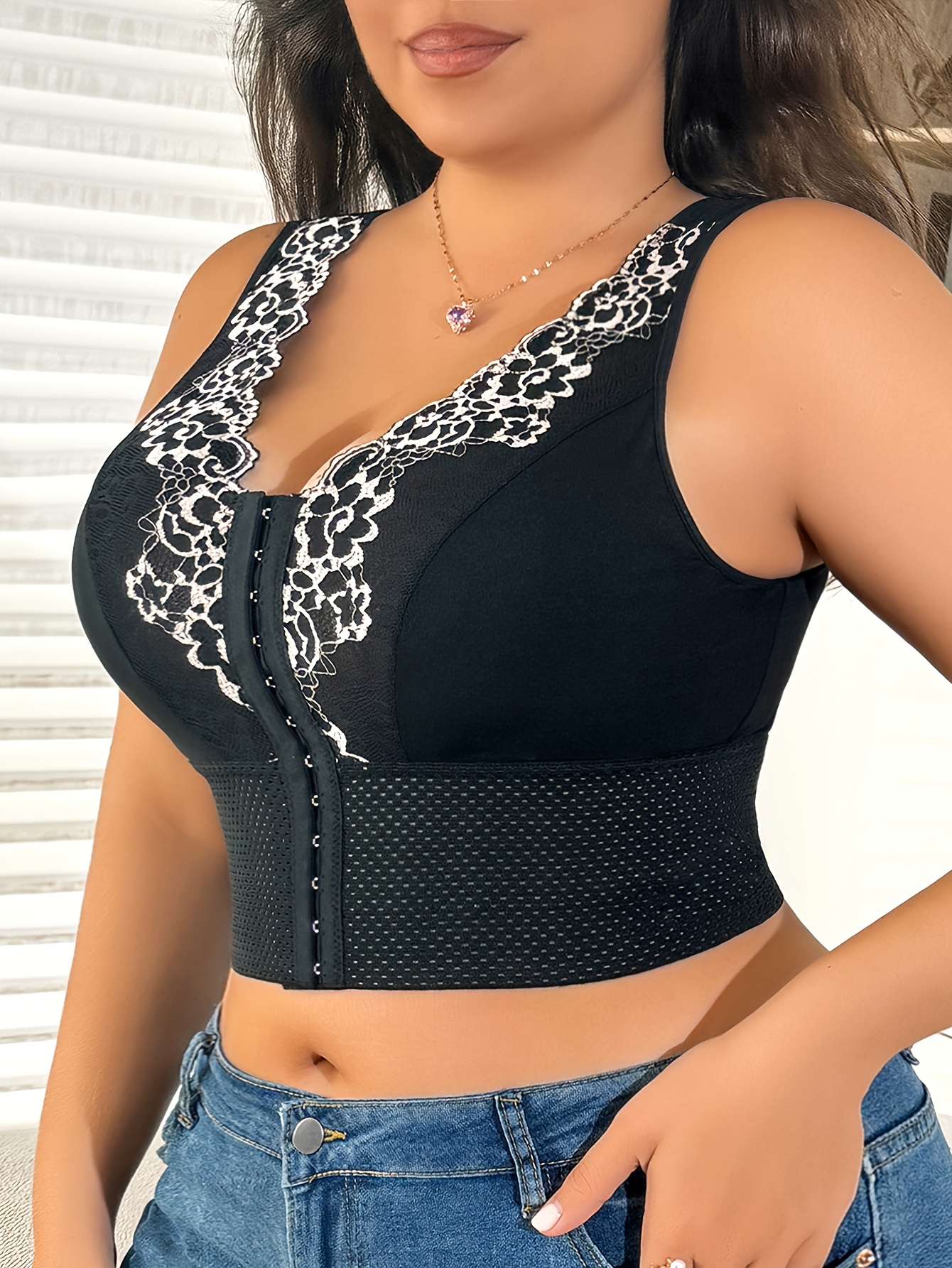 Women's Plus Size Lace Fitted Top with Boning & Front Closure - Full Coverage Blouse with Ruffled Lace Trim, A-Line Silhouette, Hand Washable, Structured for Layered Lace Effect (No Padding) - Ideal for Layering or Standalone Wear - Fitted Blouse for Women (Lace Paneling, Boning, Front Button Closure, A-Line Silhouette, No Padding, Suitable for Plus Size)
