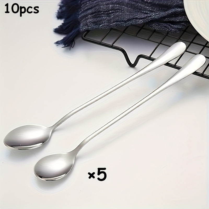 10 Stainless Steel Long Handle Spoons Set - Dishwasher Safe, No Electricity Required, Great For Mixing Ice Cream, Coffee, Tea - Kitchen Cutlery Additions, Kitchen Utensils