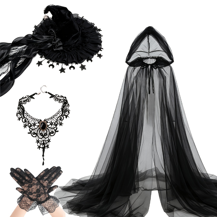 TEMU 4pcs Set (1 Hat + 1 Necklace + 1 Cape + 1 Pair Of Gloves) Gothic Witch Hat With Star And Moon Charms, Tulle Wizard Hat Decorated With Long Satin
