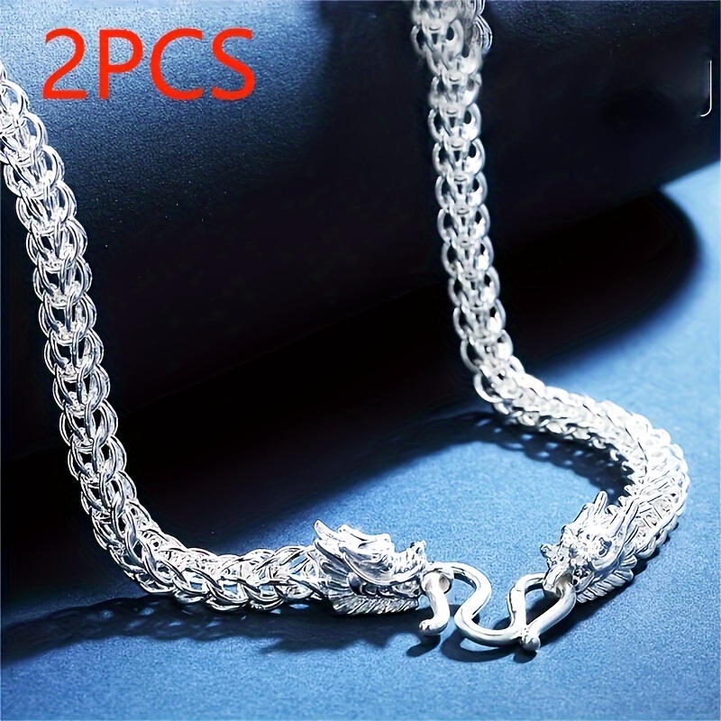 

2pcs Double Dragon Head Chain Necklace - 925 Sterling Silver, Thick, Fashionable, Domineering, Trendy Men's Personality Jewelry - Long Collarbone, Statement Piece, Ideal Gift For Him