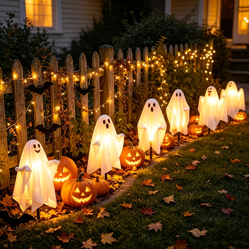 TEMU Solar Outdoor Lights, Halloween Decorations, 6pcs Set Of 18.9-inch Solar Powered Ghost Led String Lights, White Cloth Ghost Stakes, With 8