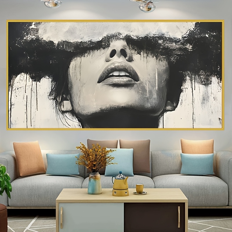 TEMU 1pc, Unframed Modern Abstract Black And White Female Portrait Art Painting Canvas Print, Decorative Large Size Canvas Poster Suitable For Living