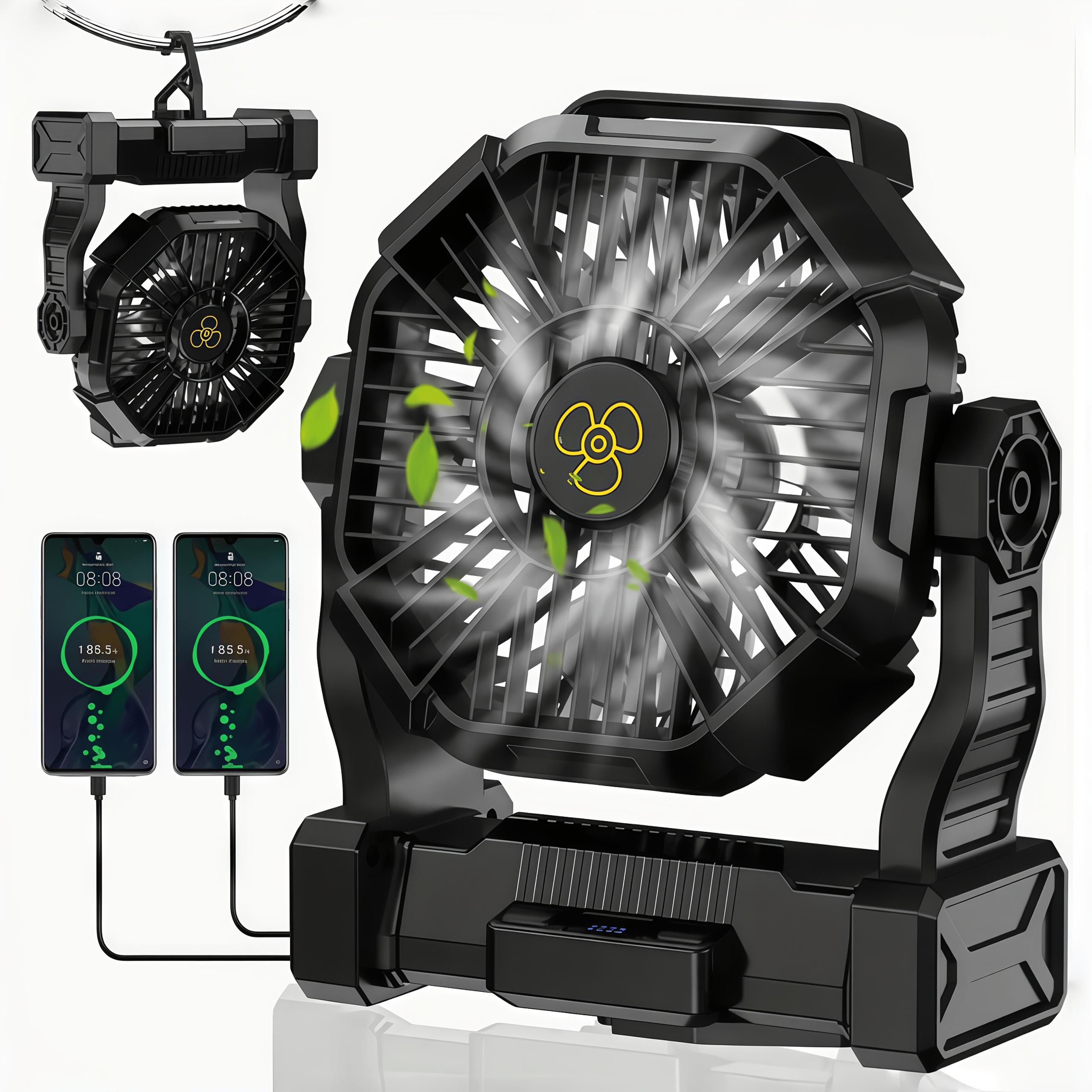 TEMU 20000mah/10000mah Portable Power Bank – Outdoor Fan, 3-in-1 Electric Camping Fan With Charging, Lighting, And Fan, Featuring 4 Led Lights,