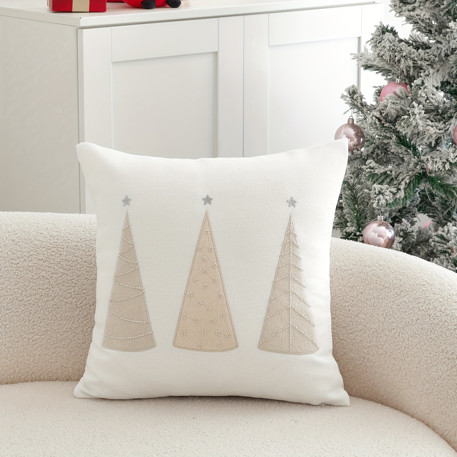 1pc, Christmas Pillowcase, Christmas Trees Pillowcase, Single Side Beaded Applique Embroidery, Suitable For Sofa, Living Room, Bedroom Home Decoration