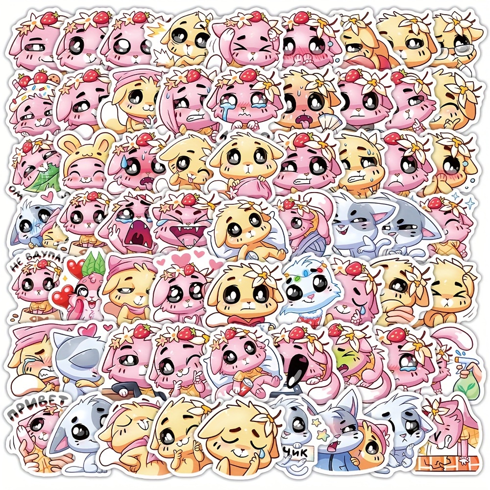 Image of A Set Of 70 Stickers Featuring Of Cartoon Cats With Big Eyes, Perfect For Decorating Notebooks, Computers, Helmets, Desktops, And Water Bottles For Projects