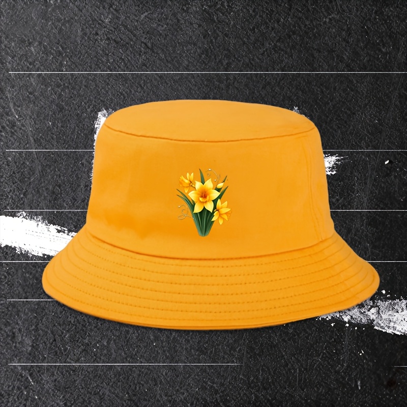 TEMU 1pc, Unisex Bucket Sun Hat With Yellow Daffodil Print, A Casual Holiday Gift, Daily Accessory, Suitable For Men And Women, Fashionable And
