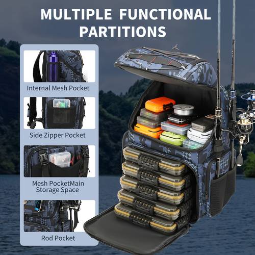 a large capacity fishing gear backpack with a cooler featuring 4 rod holders and tray storage space this rod backpack has a padded back panel and multiple compartments making it camping and hiking