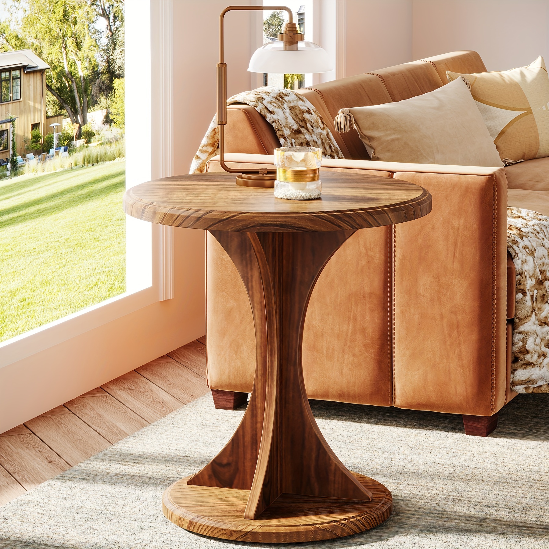 Round End Side Table Wood Small Sofa Chair Side Table for Living Room Century Bedside Nightstand for Bedroom Accent Table Easy Assembly