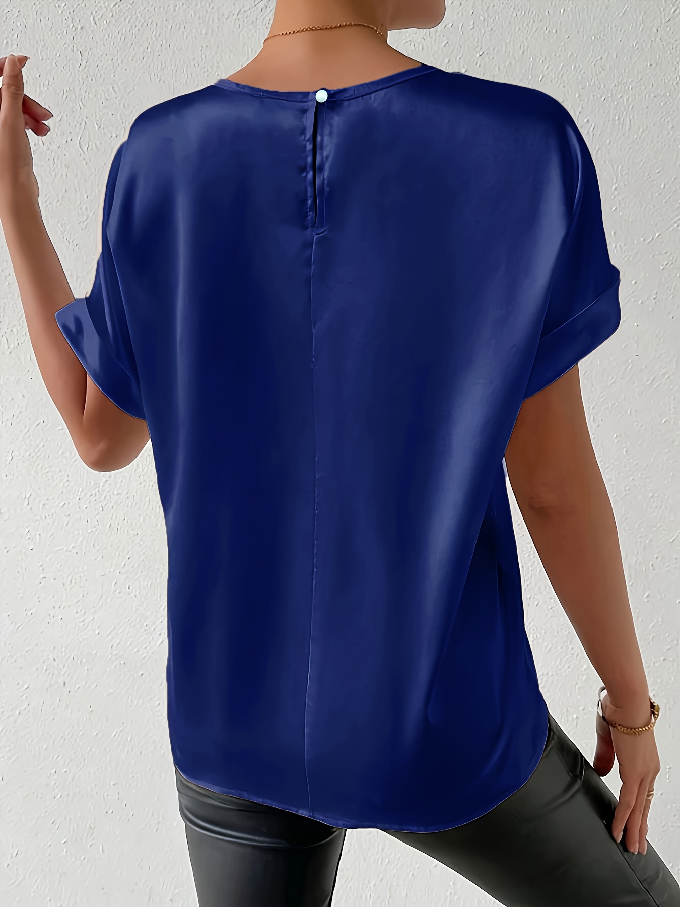 Women'S Plus Size Light Blue Woven Blouse - Elegant Short Sleeve Crew Neck, Solid Color, Non-Stretch Fabric, Perfect for Summer, Casual Summer Wear|Sleek Fitted Look|Nonstretch Material, Plus Size Blouses