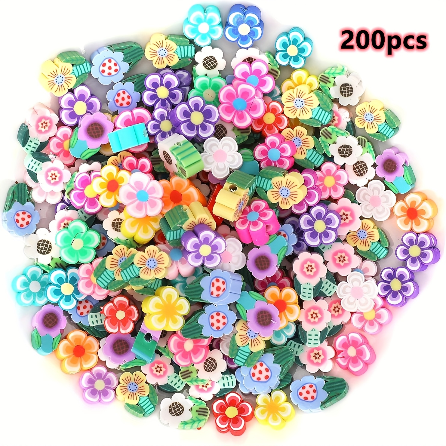 200pcs Mixed Style Flower Polymer Clay Beads, Suitable For Bracelet Making, Small Gifts, And Crafting