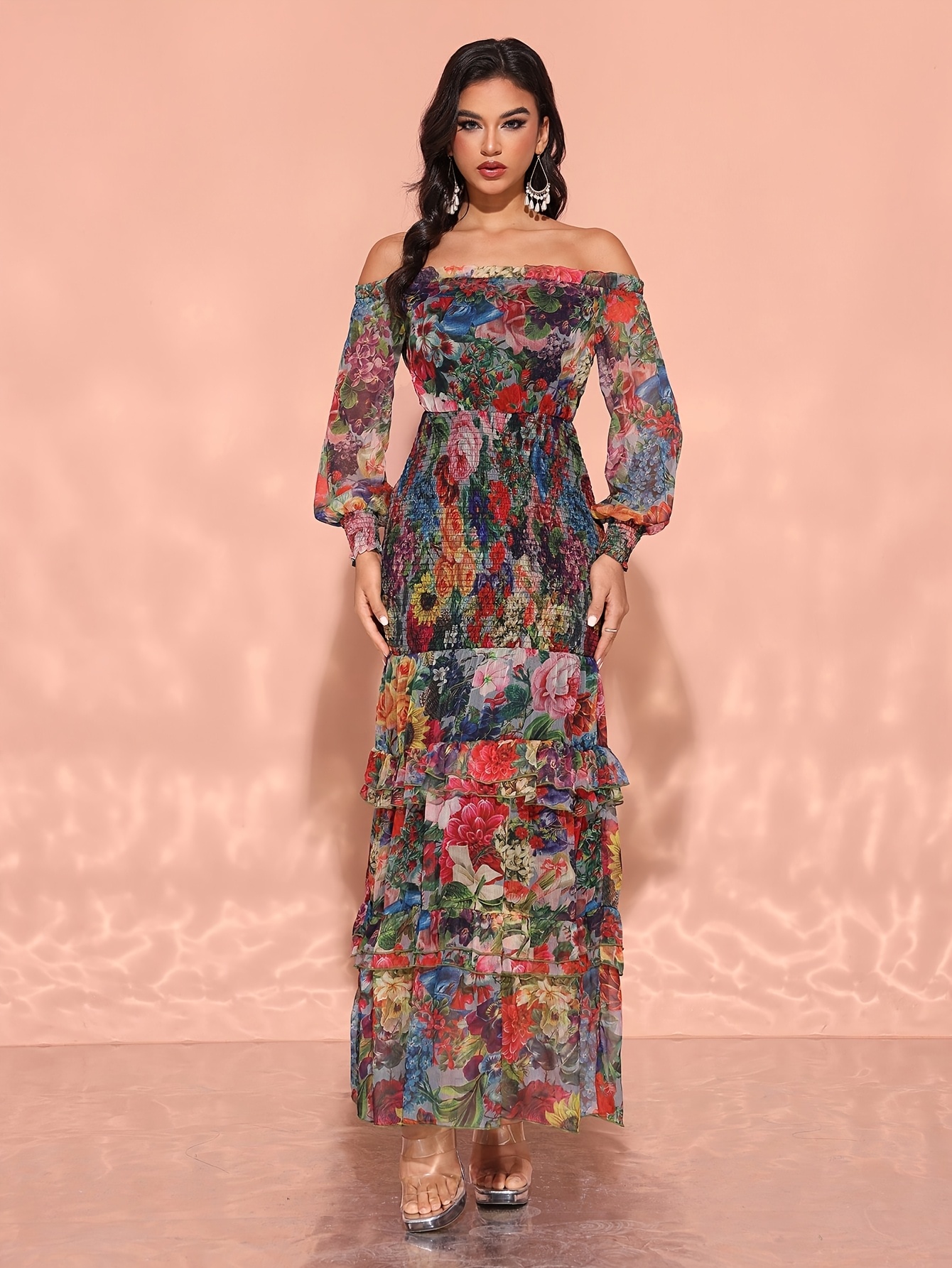 fall trendy dresses Simple V Neck Floor Length Long Sleeve Dark Navy Wedding Guest Dress