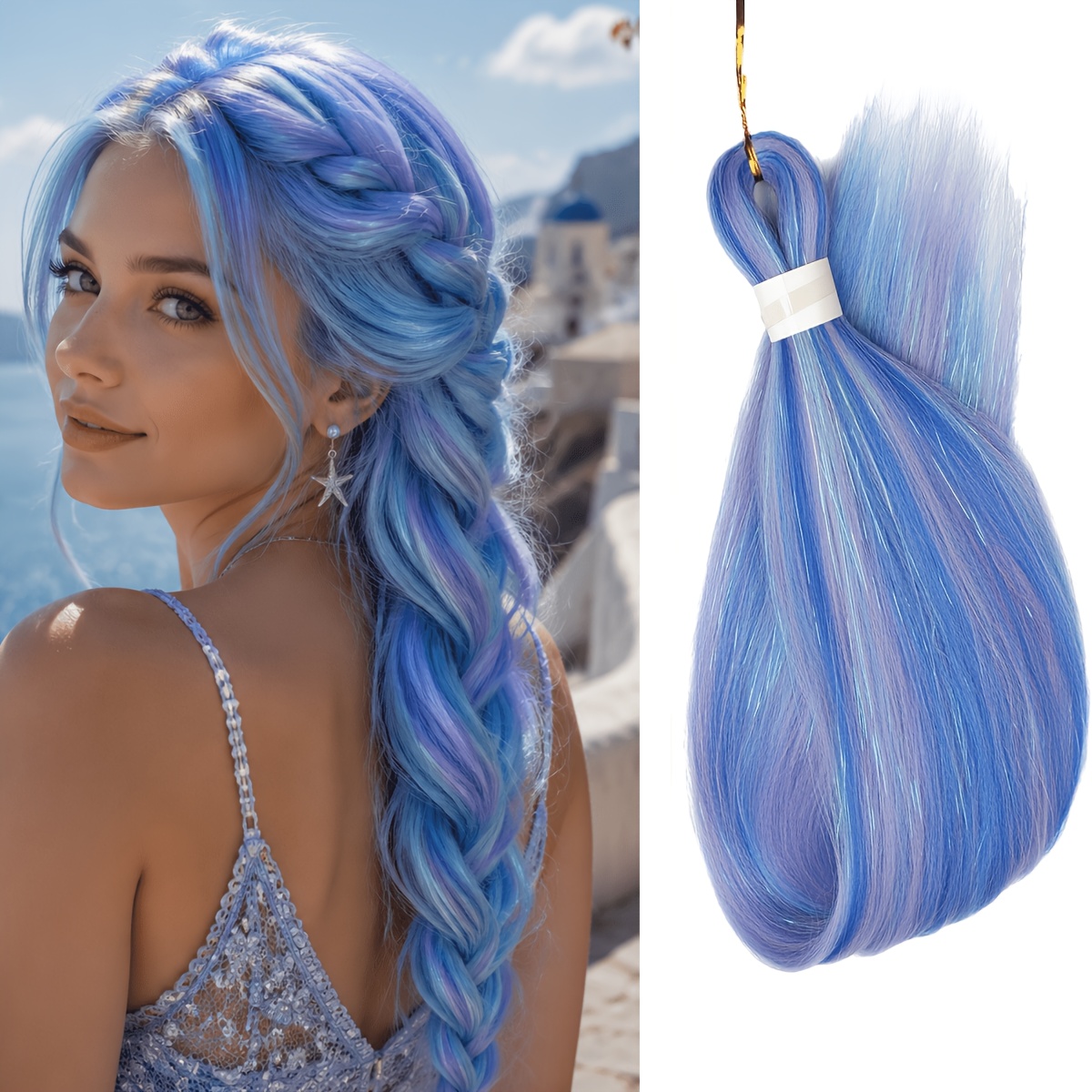 TEMU Cheveux Crochetés Pré-étirés avec Paillettes de Guirlande Iridescentes, Extensions de Cheveux à Douces Synthétiques à Texture Fixation à Chaude