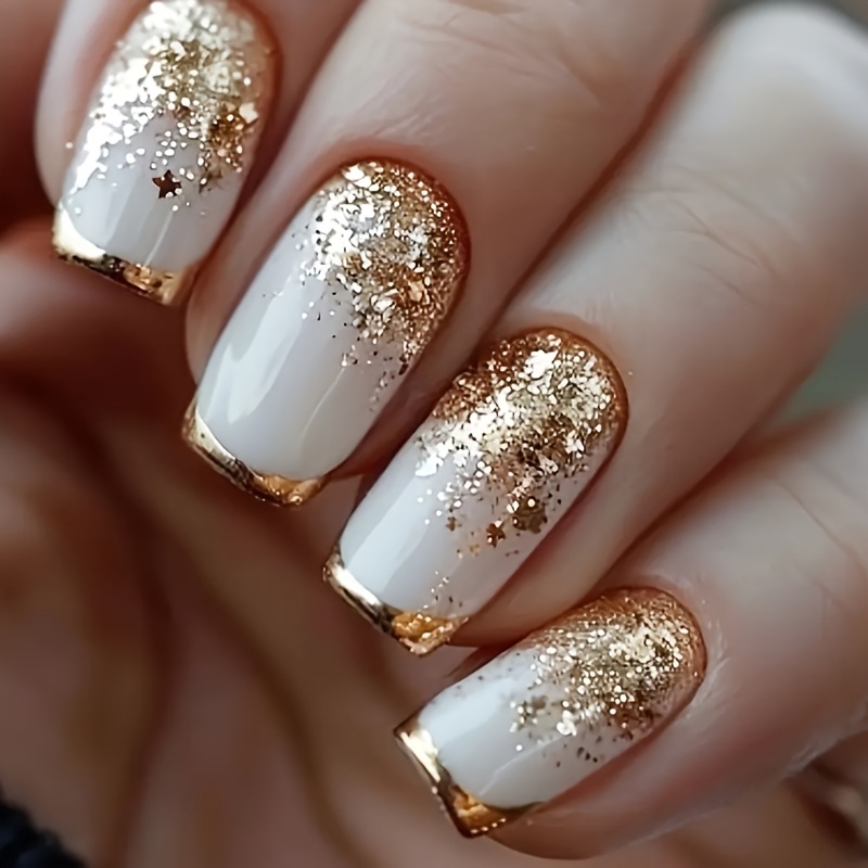 24pcs Short Square French Golden Glitter Press-on Nails - Elegant White And Design, Accessory Nail File And Gel