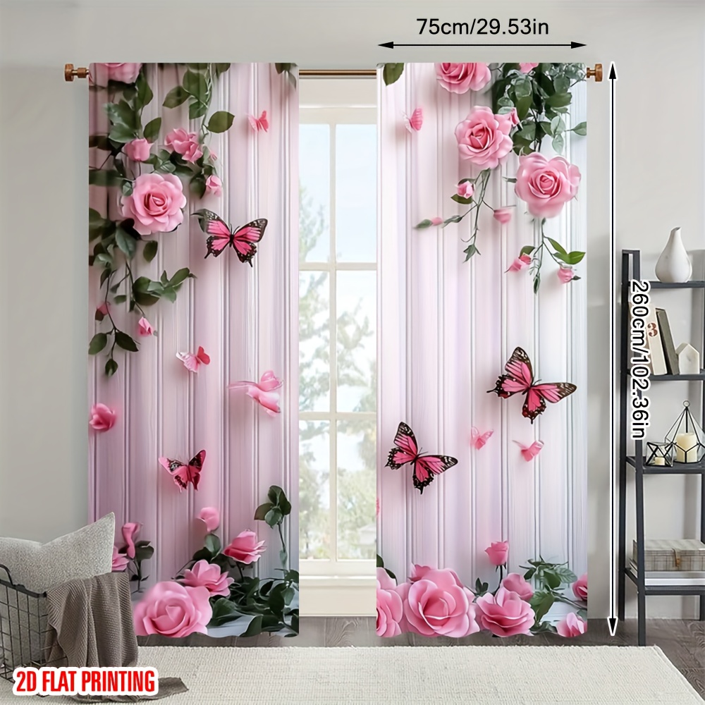TEMU 2pcs 2d Flat Printing Curtain And Pink Rose Durable 100% Polyester Fabric,without Electricity Versatile Holiday Decor