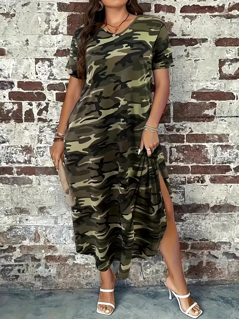 camouflage maxi dress plus size Plus Size Belted Camo Maxi Dress In ACU CAMOUFLAGE