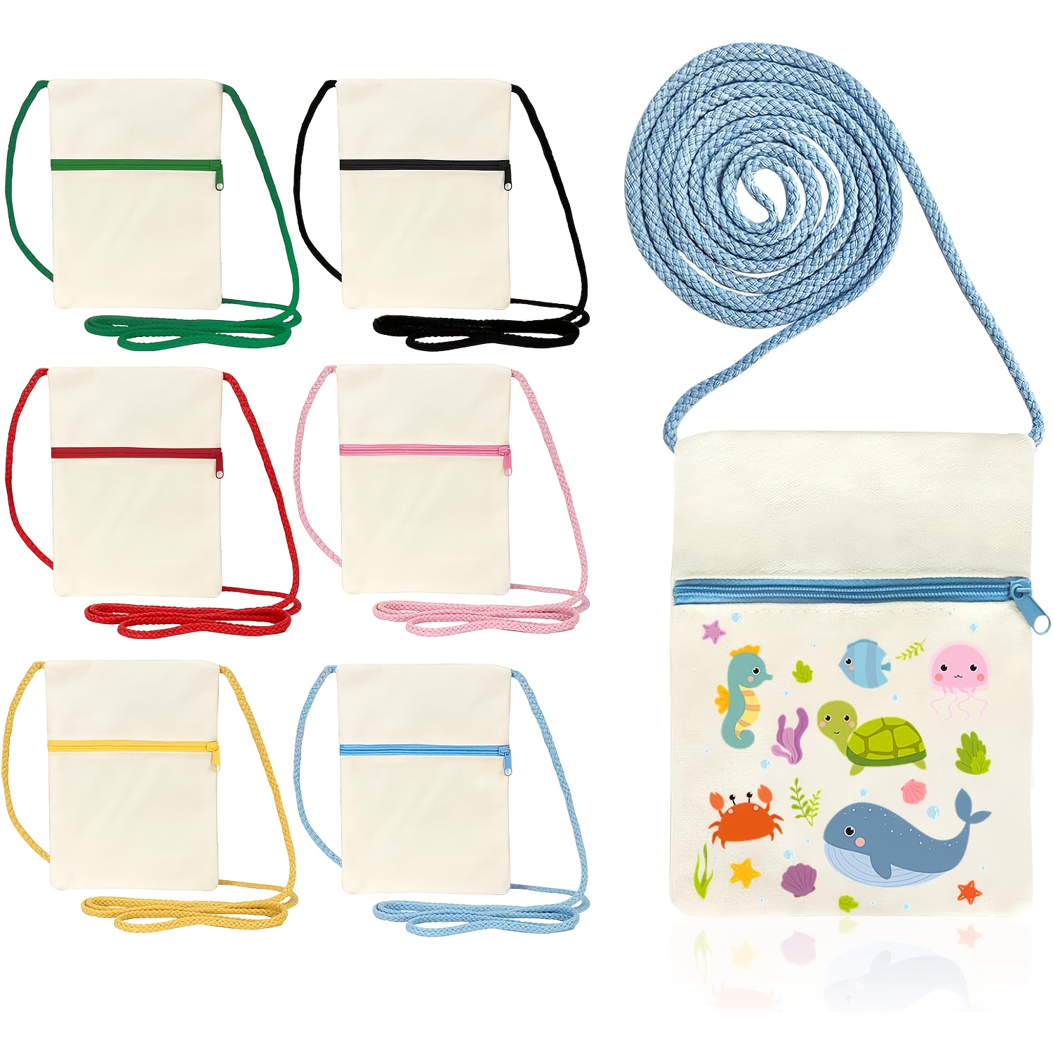 6pcs Blank Craft Canvas Crossbody Bags For Painting & Graffiti - 6 Color, Rectangular Shape, Canvas Zipper Bags