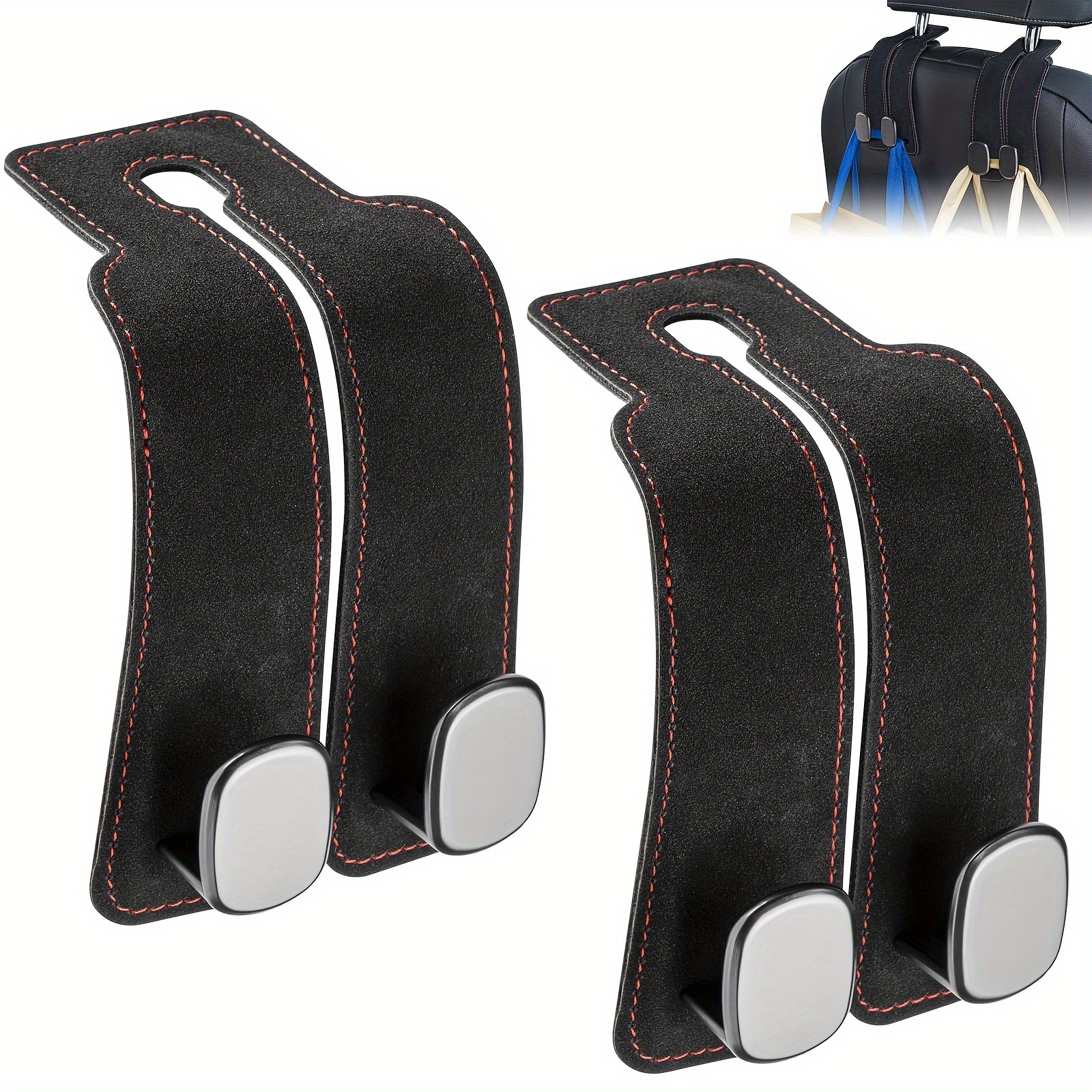 

2pcs Premium Leather Car Seat Back Hooks - 2-in-1 Headrest Storage For Bags & Accessories, Fit For Most Vehicles