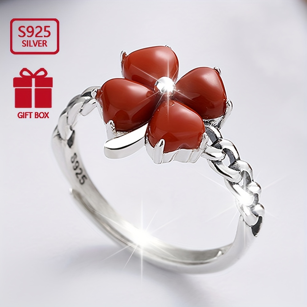 

Vintage Style 925 Sterling Silver Adjustable Cuff Ring With Red Agate Clover Design | Classic Fashion Unisex And Banquet - 1pc (936jm 3g/935fj 2.3g)