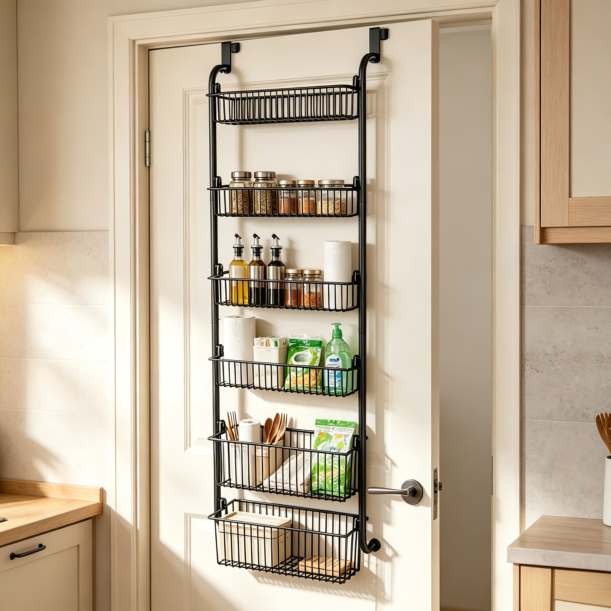 6-tier No Drill Door Back Hanging Storage Basket, Multifunctional Space Door Back Storage Rack, Punch Free Wall Hanging Organizer, For Bathroom Kitchen Bedroom Home Sundries Storage And Arrangement